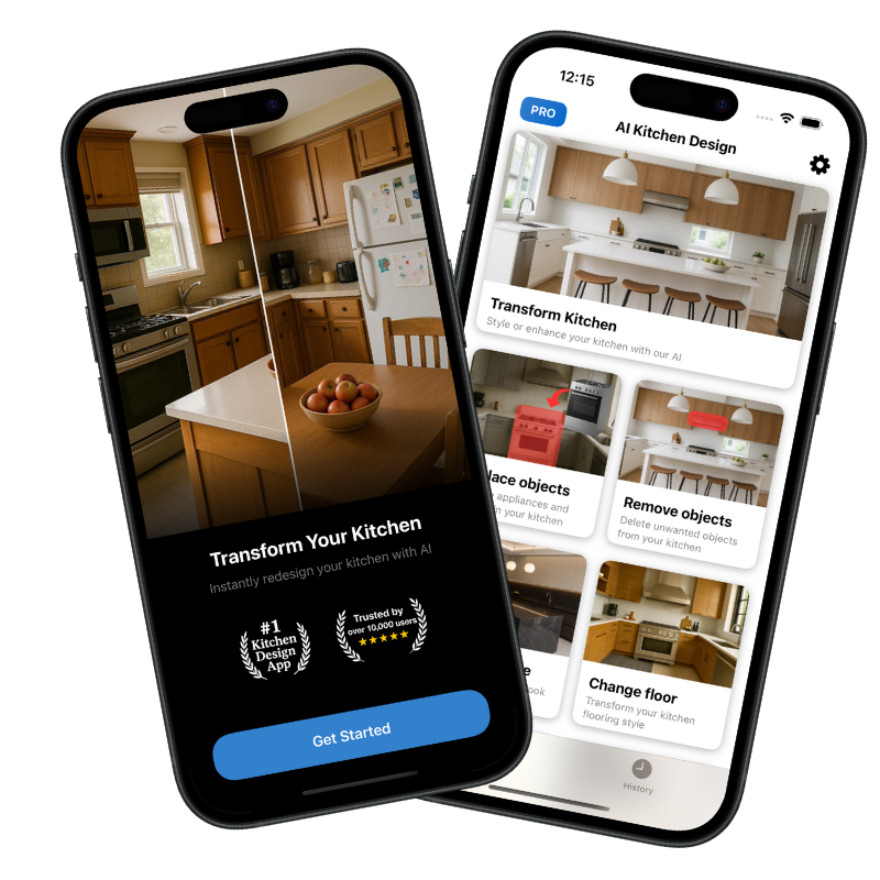 AI Kitchen Design app showing before and after kitchen transformation